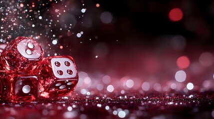 Red translucent dice with glowing dots on dark background with bokeh lights and sparkles create atmospheric gambling composition for casino marketing.