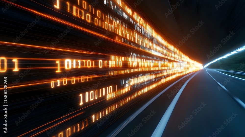 Poster glowing binary code streams along futuristic highway with orange and blue light trails creating dyna