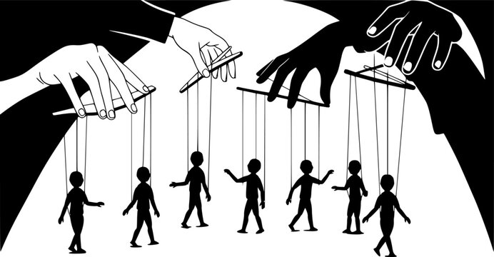 puppet show with human silhouettes manipulated by large hands, string control, monochrome vector graphic
