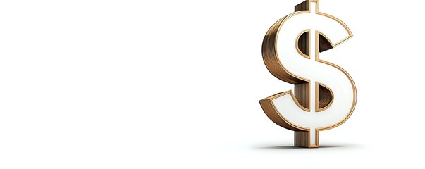 Obraz premium Metallic gold dollar symbol on white background with soft shadow, isolated financial icon for business and economic concepts.