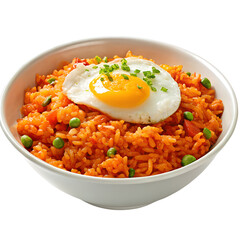 Spicy kimchi fried rice topped with a sunny-side-up egg yolk and herbs in ceramic bowl, isolated on white transparent background, concept of Asian