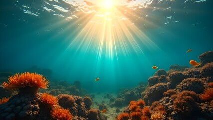 Obraz premium Underwater Paradise Sunlight Streaming Through a Vibrant Coral Reef Ecosystem