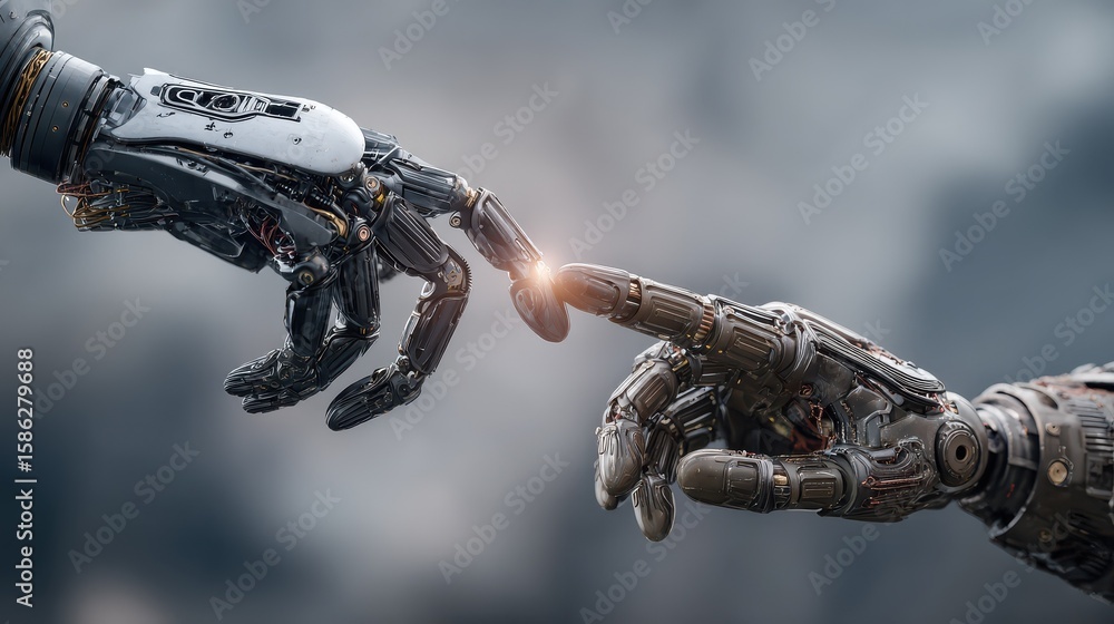 Poster concept of artificial intelligence ai assistance and robotization of production. human hand accepts 