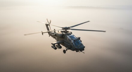Fototapeta premium A military helicopter flying low over a misty landscape, tactical aircraft in operation for defense and security.