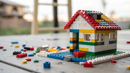 Colorful Plastic Block House Model, Partially Constructed, Outdoor Setting