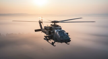A military helicopter flying over a foggy landscape at sunrise or sunset. Combat aircraft performing air travel.