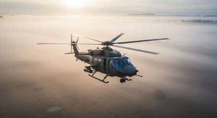 Fototapeta premium Military helicopter flying above a foggy landscape during sunrise. Aerial view of airborne military aircraft performing a mission.