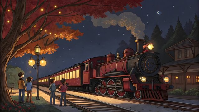 Vintage steam locomotive travels on a snowy railway track in a winter city, a festive Christmas transportation scene