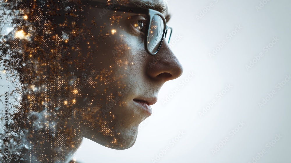 Aufkleber side view of a young man wearing glasses, overlayed with digital data and neural network graphics, s