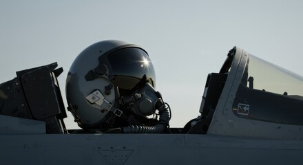 A pilot helmet and oxygen mask in a military fighter jet cockpit. Aviation flight equipment for air force or aerobatic themes.