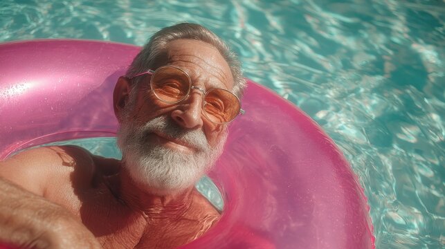 Happy senior man with. inflatable ring at the swimming pool
