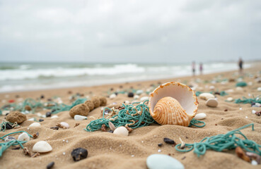 The beach, covered with debris and fishing nets, shells, symbolizes the urgent need to protect the ocean. The beach, with its sand and sea, is a reminder of the importance of preserving our oceans.