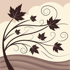 Silhouette Leaves and Swirls on Beige Background branches