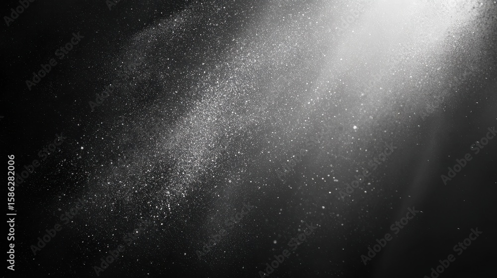 Poster black matte textured background with floating dust particles illuminated by soft light in the top ri