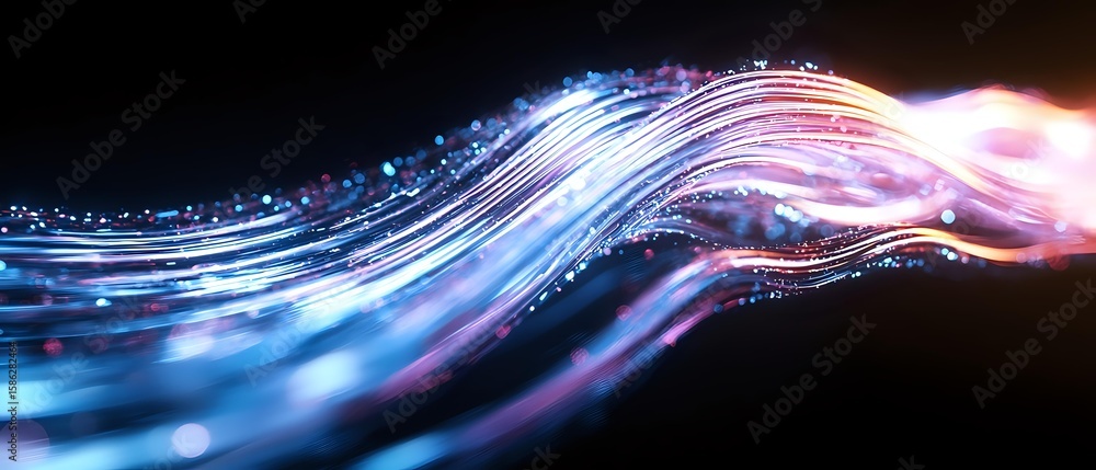 Poster glowing neon waves with pink and blue light trails creating dynamic motion effect against dark backg