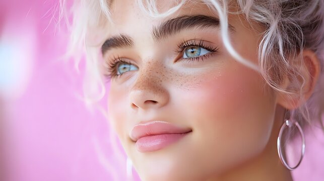Young woman with freckles, platinum blonde curly hair and bright blue eyes smiling against pink background. Natural beauty portrait showcasing glowing skin and silver hoop earrings.