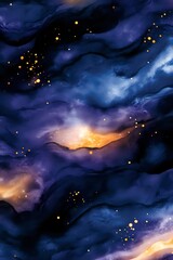 Mystical night sky with glowing golden stars and deep blue clouds swirling through purple cosmos, creating dramatic celestial atmosphere for fantasy designs.