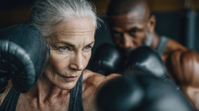 portrait of a beautiful senior woman boxing with her trainer in a professional gym. wears boxing gloves and athletic wear, with determination and strength in her expression.