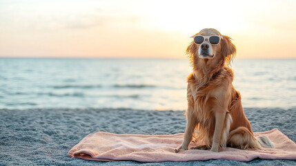 golden retriever wearing sunglasses sitting on beach background for summer