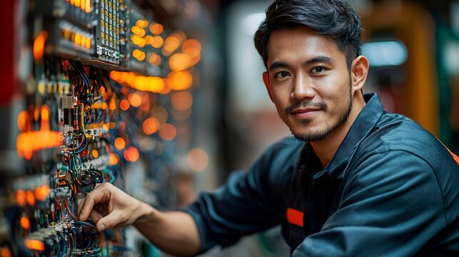 A focused male technician works on complex machinery, his expertise evident in his concentrated expression and precise movements