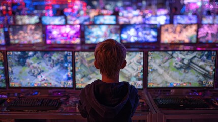 A serious young boy immerses himself in a vibrant e-gaming arena, characterized by colorful lights, showcasing the modern gaming culture filled with excitement and enthusiasm.