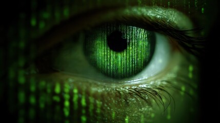 Human eye close-up on green tech background, hacker face and digital data pattern. Concept of cyber security, technology, future, hack, network,