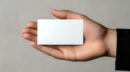 Fototapeta premium Hand holding blank white business card against neutral gray background, showcasing professional presentation for branding and corporate identity mockup.