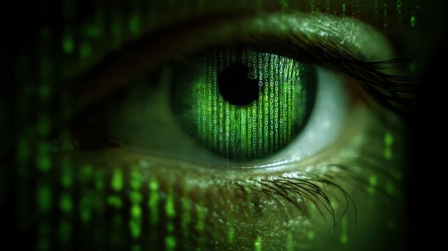 Human eye close-up on green tech background, hacker face and digital data pattern. Concept of cyber security, technology, future, hack, network,