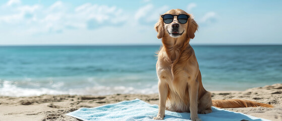 golden retriever wearing sunglasses sitting on beach background for summer