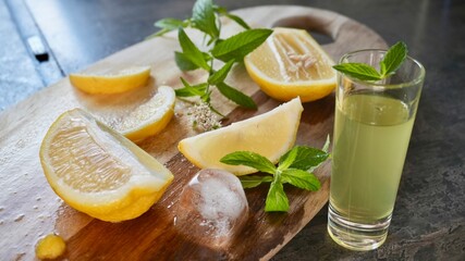 Fototapeta premium Glass of fresh homemade lemonade with lemon slices, mint, and ice cubes. Refreshing summer drink perfect for healthy lifestyle, detox, or beverage themes.