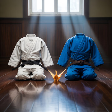 Symbolic harmony of martial arts, a white and blue karate dresses with black and brown belts kneeling side by side beneath soft window light. Piar of  karate suits