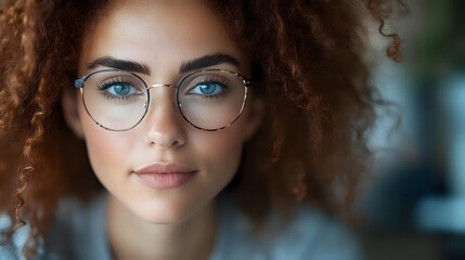 Obraz premium Young mixed race woman with natural curly hair and round glasses looking at camera with confident expression against blurred background.