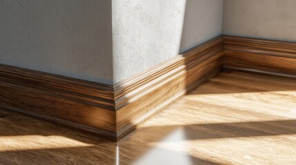 A close-up of the corner where a wall meets the floor with wooden trim.