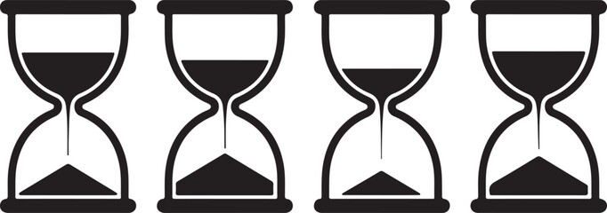 Four Black Hourglass Icons Showing Stages of Sand Flow Against White Background time