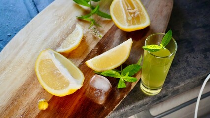 Glass of fresh homemade lemonade with lemon slices, mint, and ice cubes. Refreshing summer drink perfect for healthy lifestyle, detox, or beverage themes.