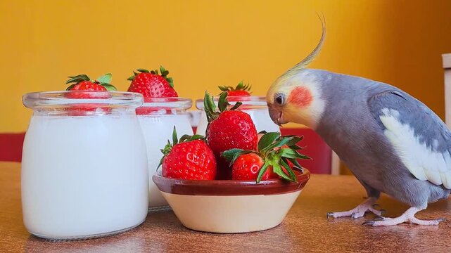A charming parrot named Corella eating strawberries next to homemade yogurt