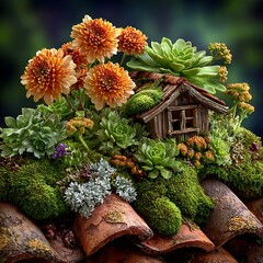Floral rooftop design with wood cottage high resolution picture