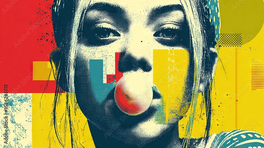 Poster a close-up of a person's face with a pacifier in front of a colorful background