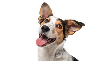 Cute tricolor mixed-breed dog with perky ears, open mouth and joyful eyes in white studio background, tilting head and showing playful character