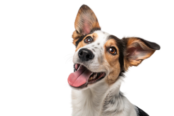 Cute tricolor mixed-breed dog with perky ears, open mouth and joyful eyes in white studio background, tilting head and showing playful character