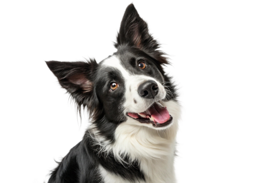 Brown and white Border Collie dog with joyful face and tilted head, fluffy ears raised in happy pose on white studio background