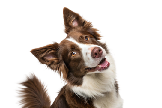 Brown and white Border Collie dog with joyful face and tilted head, fluffy ears raised in happy pose on white studio background