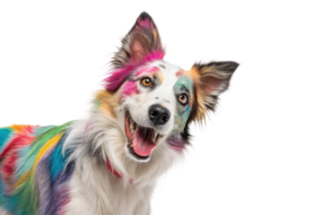 Colorfully painted Border Collie dog with joyful face and head tilt in studio setting against white background
