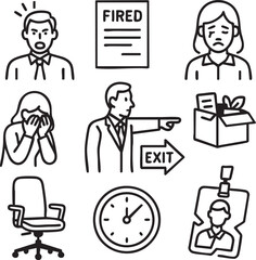 Line Art Style Illustrations of Job Layoff, Workplace Crisis, and Employee Emotions