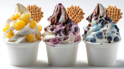 Three cups of frozen yogurt with toppings and wafers against a white background in a studio shot