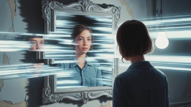 Young Woman Gazing at Distorted Mirror Reflection with Glitching Effects in a Grey Room with a Light Bulb Creates a Surreal Conceptual Art Image