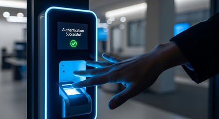 Access Control Technology, Hand Authentication, Modern Office, Digital Interaction, Secure Environment, Close-Up Viewpoint