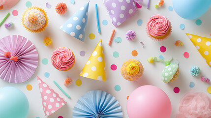 Kids’ birthday flat lay with noisemakers, polka-dot balloons, cupcakes and paper hats, cheerful and playful arrangement, isolated on transparent background 