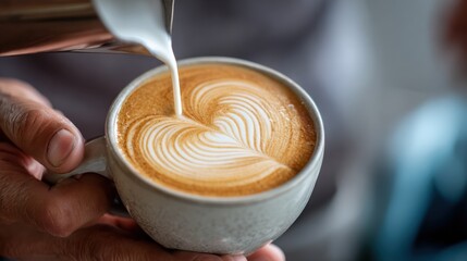 Barista making pouring stream milk with coffee latte art pattern heart shape