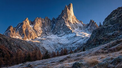   A snow-covered mountain range with trees in the foreground and a clear blue sky in the background